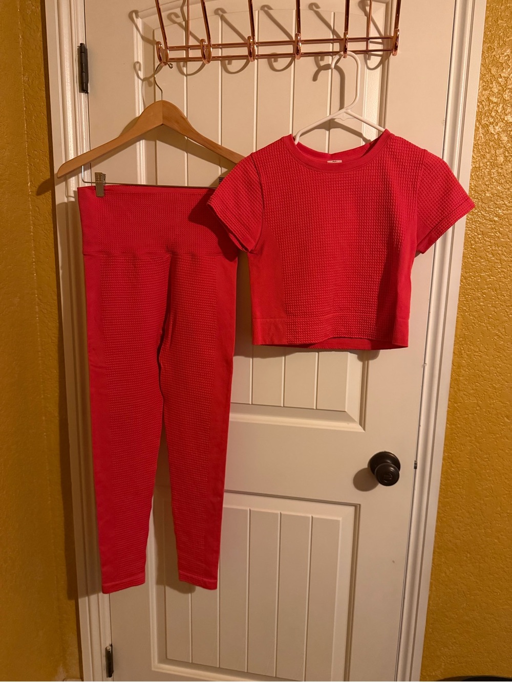 all in motion Red Waffle-Knit Cropped Tee & High-Waist Ankle Leggings Set